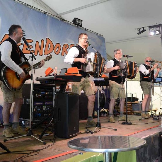 Vier Männer treten auf einer Bühne auf. Einer spielt Gitarre, ein anderer Akkordeon und die anderen beiden spielen Trompete.