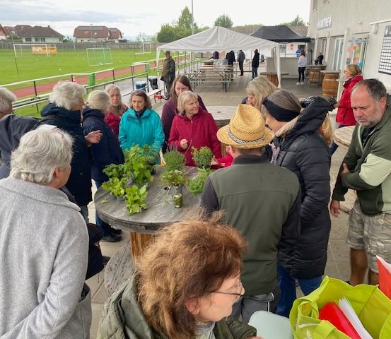 Eine Gruppe von Menschen steht um einen Tisch mit Topfpflanzen. Sie befinden sich in einem Außenbereich mit einem Rasenfeld und Zelten im Hintergrund.
