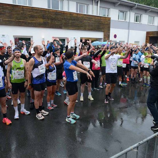 Eine Gruppe von Läufern steht in einer Reihe, wahrscheinlich am Start eines Marathons. Viele tragen nummerierte Startnummern. Eine Frau in Blau führt die Reihe an.