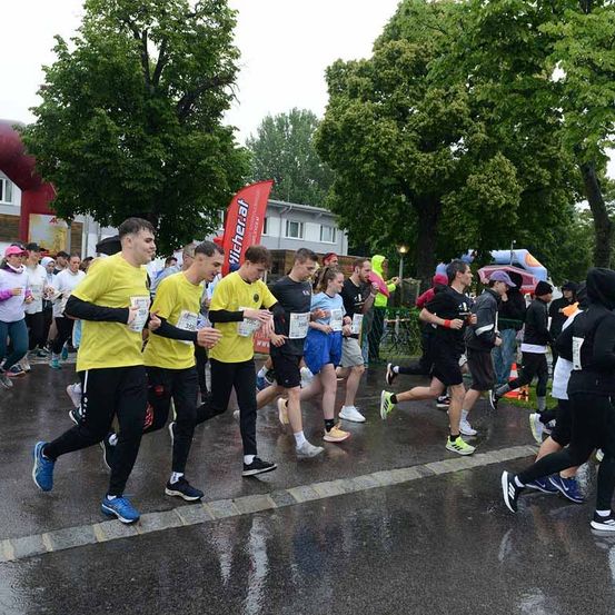 Eine Gruppe von Läufern nimmt bei Regen an einem Marathon teil, einige in Gelb und andere in Schwarz. Bäume und Gebäude sind im Hintergrund.