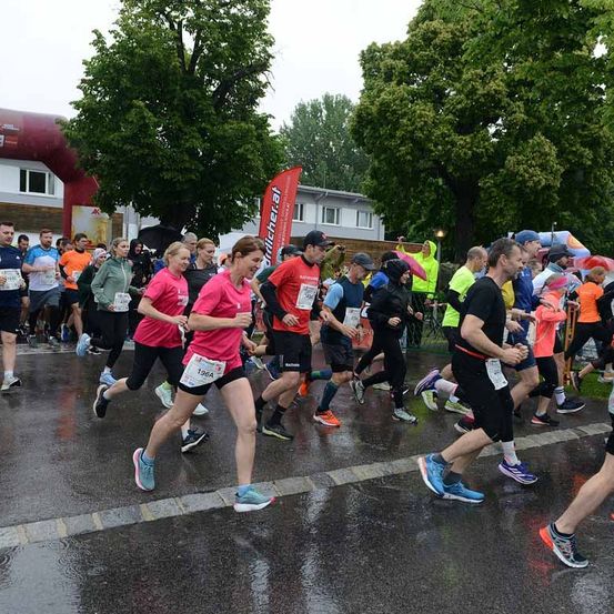 Eine Gruppe von Läufern nimmt an einem Marathon bei Regen teil, trägt verschiedene farbige Shirts und Sneaker, mit Bäumen und Gebäuden im Hintergrund.