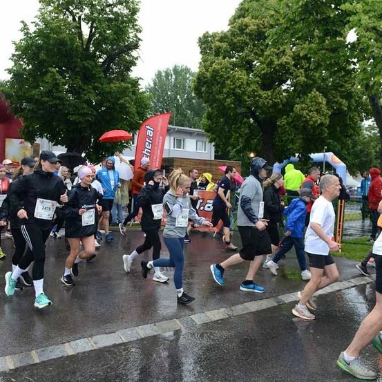 Eine Gruppe von Läufern nimmt an einem Marathon auf einer nassen Straße teil. Einige tragen Hüte und Turnschuhe, und einer hält einen roten Regenschirm. Bäume und Gebäude sind im Hintergrund.