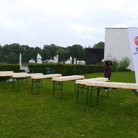 Eine Person mit einem Regenschirm steht neben Klapptischen mit Bechern auf einem Rasenfeld, im Hintergrund befinden sich weiße Zelte.