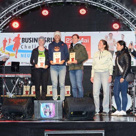 Fünf Frauen stehen bei einer Zeremonie auf der Bühne und halten Auszeichnungen. Sie sind von Musikinstrumenten und einem Banner mit dem Text 'Business Challenge' umgeben.