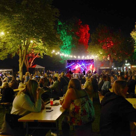 Ein Konzert im Freien am Abend mit Bäumen, die von farbigen Lichtern beleuchtet sind. Die Leute sitzen um Tische herum und beobachten die Bühne, auf der Künstler stehen. Die Atmosphäre ist lebhaft, mit Menschen, die Getränke und Snacks genießen.