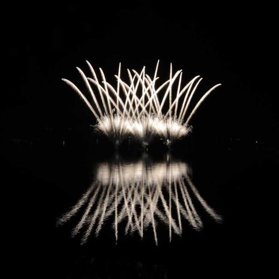 Ein Feuerwerk explodiert in der Nacht am Himmel und spiegelt sich auf dem ruhigen Wasser unten.