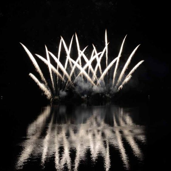 Ein Feuerwerk erleuchtet die Nacht über einem See und schafft ein beeindruckendes visuelles Spektakel.