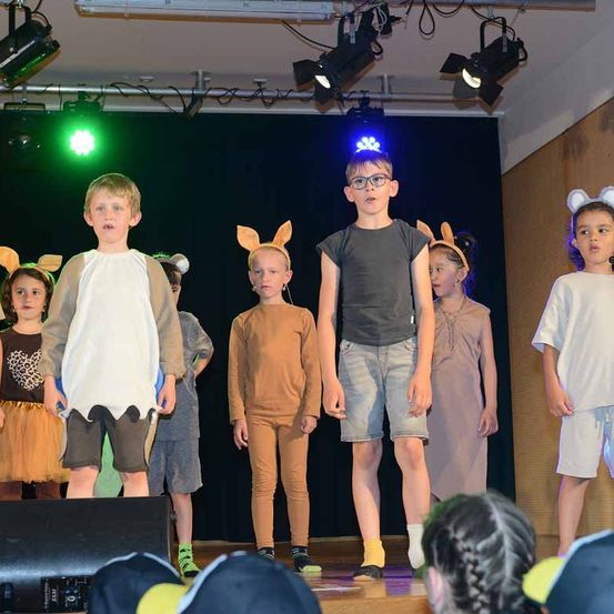 Eine Gruppe von Kindern steht auf der Bühne und führt ein Theaterstück auf, alle in Tierkostümen gekleidet. Ein Junge in einem grauen T-Shirt steht vorne, während andere dahinter stehen. Scheinwerfer sind an der Decke montiert, und ein grünes Licht blinkt auf der linken Seite.