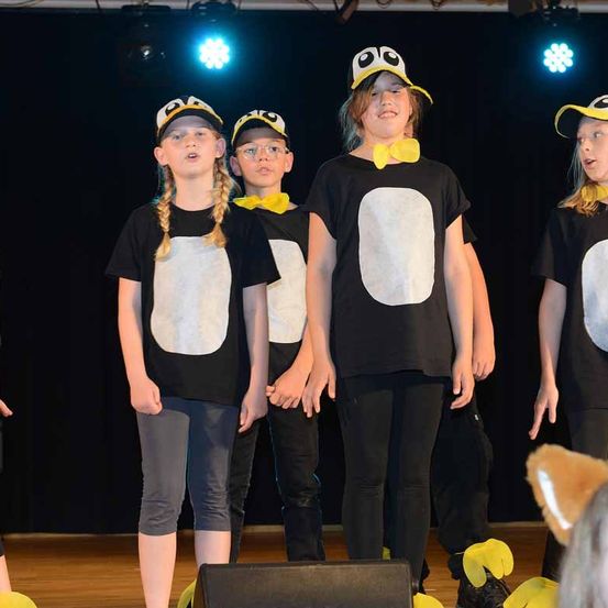 Fünf Kinder in Pinguinkostümen stehen auf einer Bühne, wahrscheinlich bei einer Aufführung. Sie alle lächeln und schauen nach vorne, wobei zwei Scheinwerfer sie beleuchten.