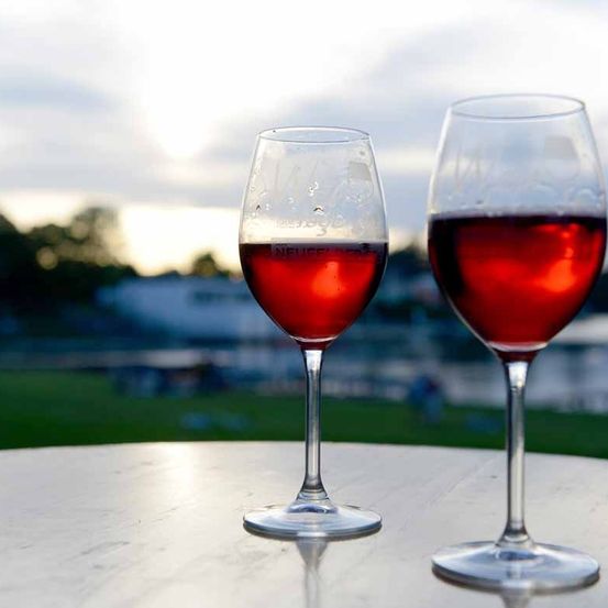 Zwei Gläser Rotwein stehen auf einem Tisch, beleuchtet vom sanften Schein der untergehenden Sonne. Der Wein reflektiert das Licht und erzeugt einen schimmernden Effekt. Im Hintergrund ist eine ruhige Landschaft mit einem Grasfeld und einem Gewässer zu sehen.