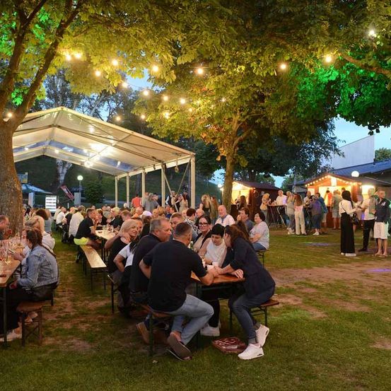 Viele Menschen versammeln sich um Tische in einem Außenbereich, wahrscheinlich für eine Veranstaltung. Der Bereich ist von Bäumen umgeben und mit dekorativen Lichtern versehen. Einige Leute stehen, während andere sitzen.