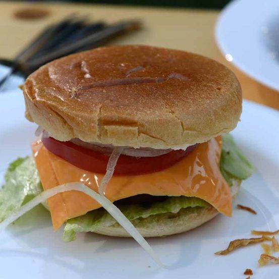 Ein Cheeseburger mit einer Scheibe Tomate und Salat auf einem weißen Teller, mit einigen Chips auf der Seite.