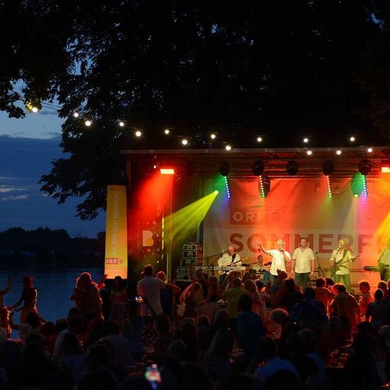 Eine Band spielt auf einer Bühne mit mehrfarbigen Lichtern und einer Menge Zuschauer bei Nacht.