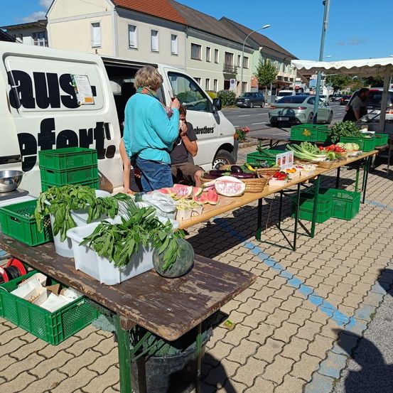 Eine Person steht neben einem Lieferwagen mit einem Tisch voller Gemüse. In der Nähe macht jemand ein Foto. Es gibt grüne Kisten und eine Marktatmosphäre.