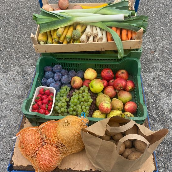 Zwei Kisten mit frischem Gemüse und Obst sind ausgestellt. Die obere Kiste enthält Lauch, Karotten und Zwiebeln. Die untere Kiste hat Pflaumen, Erdbeeren, Trauben, Äpfel und Birnen. Unten befinden sich Kartoffelsäcke und ein Netzbeutel mit Kürbis.
