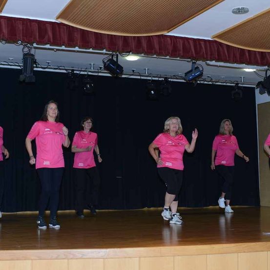Fünf Frauen in rosa Shirts und schwarzen Hosen tanzen auf der Bühne mit schwarzem Hintergrund. Scheinwerfer sind an der Decke montiert.