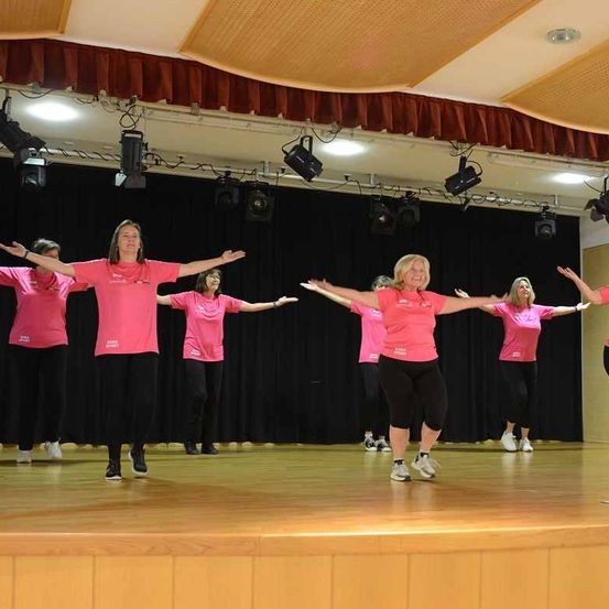 Eine Gruppe von Frauen in rosa T-Shirts und schwarzen Hosen tanzt auf einer Bühne mit schwarzen Vorhängen. Sie haben ihre Arme ausgestreckt, und es gibt mehrere Scheinwerfer an der Decke.