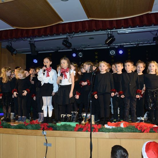 Eine Gruppe von Kindern in schwarzen Outfits mit roten Schleifen steht auf der Bühne und singt. Sie halten Mikrofone in den Händen. Die Bühne ist mit grünen Blättern und roten Blumen dekoriert.