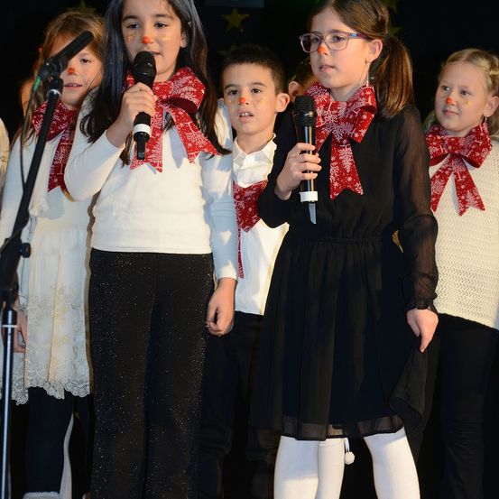 Eine Gruppe von Kindern in weihnachtlich geschmückten Outfits steht vor einem Mikrofon, wahrscheinlich bei einer Weihnachtsliederaufführung. Das Mädchen in der Mitte hält ein Mikrofon.
