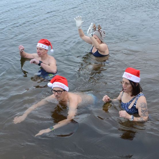 Vier Menschen in Badekleidung und Weihnachtsmützen sind in einem See, zwei heben ihre Hände, während die anderen schwimmen.