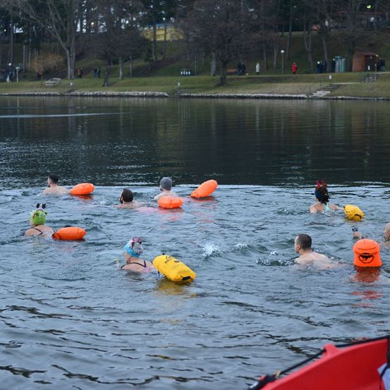Eine Gruppe von Menschen mit Schwimmkappen und Schwimmwesten schwimmt in einem See. Das Wasser ist ruhig. Bäume und Gebäude befinden sich am Ufer.