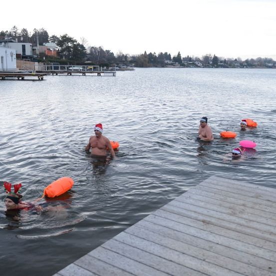 Mehrere Menschen schwimmen in einem See mit Weihnachtsmützen und greifen nach Schwimmhilfen, mit einem Steg auf der linken Seite. Bäume und Gebäude sind im Hintergrund zu sehen.
