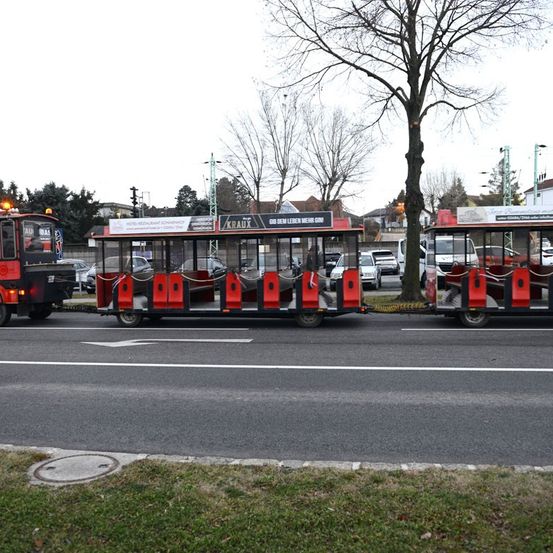 Zwei rote Straßenbahnen sind am Straßenrand geparkt, mit einem Grasbereich auf der Seite und einem Baum in der Nähe.