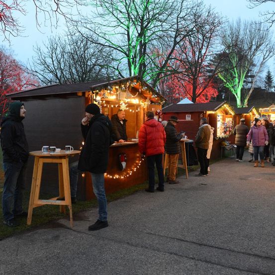 Eine Gruppe von Menschen in Winterkleidung besucht einen festlich dekorierten Weihnachtsmarkt mit Ständen, die mit bunten Lichtern geschmückt sind. Die Bäume im Hintergrund sind ebenfalls mit mehrfarbigen Lichtern verziert.