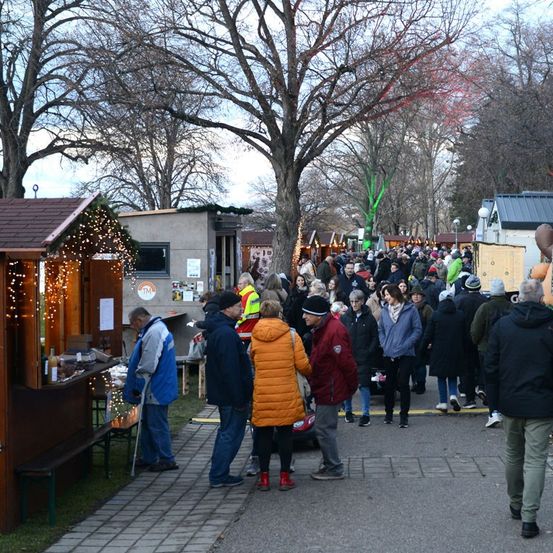 Eine Menschenmenge versammelt sich auf einem Straßenmarkt, mit Ständen, die verschiedene Artikel verkaufen. Die Stände sind mit Weihnachtslichtern geschmückt, und es gibt Bäume und Gebäude im Hintergrund.