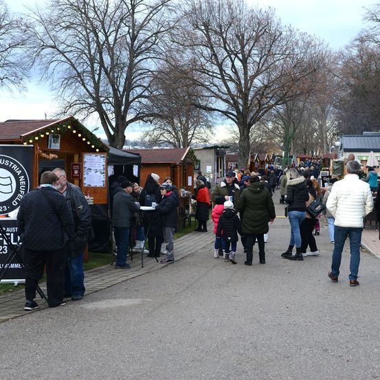 Eine Menschenmenge, möglicherweise ein Markt, geht auf der Straße. Mehrere Stände befinden sich an der Seite, mit Leuten im Inneren. Sie tragen alle Winterkleidung. In der Ferne befinden sich Bäume und ein Gebäude.