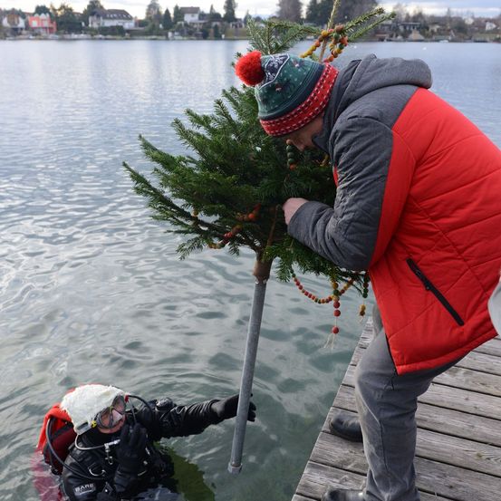 Ein Taucher hält einen geschmückten Weihnachtsbaum unter Wasser auf einem See, während ein Mann ihn auf einem Steg schmückt.