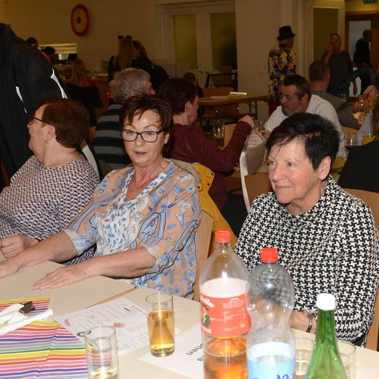 Mehrere Menschen sitzen an Tischen in einem Essbereich. Zwei Frauen sind prominent abgebildet, eine mit Brille und die andere mit einem gemusterten Oberteil. Es gibt Flaschen und Gläser auf dem Tisch.