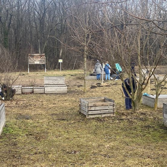 Eine Gruppe von Menschen arbeitet in einem Feld mit Holzkisten, umgeben von einem Wald. Einige stehen, andere beugen sich herunter.