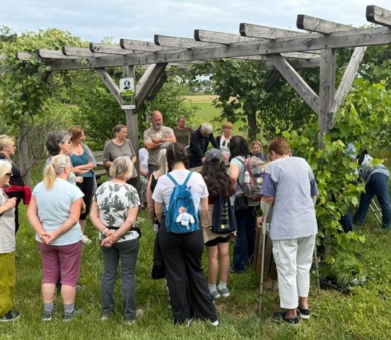 Eine Gruppe von Menschen steht in einem Garten, einige hören einem Mann zu, der unter einem hölzernen Pergola spricht.