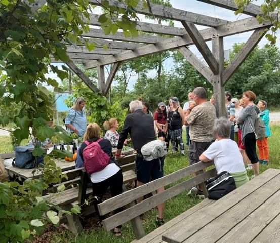 Eine Gruppe von Menschen versammelt sich unter einem hölzernen Pergola in einem Garten, einige stehen und andere sitzen auf Bänken, mit einem Tisch in der Mitte und verschiedenen Gegenständen darauf.