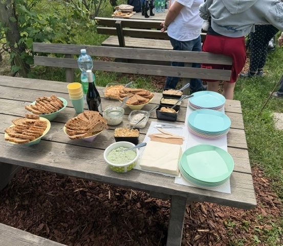 Ein hölzerner Picknicktisch im Freien mit verschiedenen Lebensmitteln, einschließlich Sandwiches, Dips und Tellern, mit Menschen, die herumstehen.