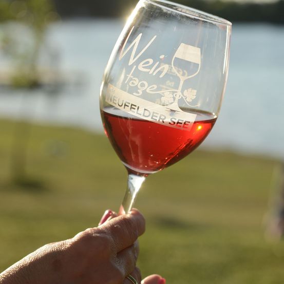 Eine Person hält ein Weinglas mit rotem Wein, beschriftet mit 'Weinlage Neufelder See', vor einem Hintergrund eines ruhigen Sees.