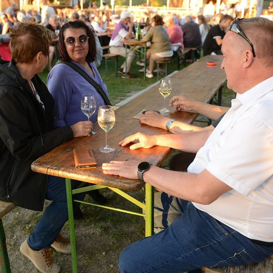 Eine Gruppe von Menschen sitzt an einem langen Tisch in einer Outdoor-Umgebung, möglicherweise bei einer Gartenparty. Zwei Frauen und ein Mann unterhalten sich, mit Weingläsern auf dem Tisch. Der Mann hat eine Sonnenbrille auf dem Kopf. Im Hintergrund sitzen weitere Menschen an Tischen, einige stehen, und es gibt einen Rasenbereich.
