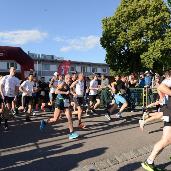 Eine Gruppe von Läufern nimmt an einem Marathon an einem sonnigen Tag teil, während Zuschauer sie von hinter einem Zaun anfeuern.
