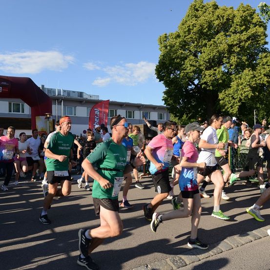 Eine Gruppe von Läufern in verschiedenen farbigen Shirts nimmt an einem Marathon an einem sonnigen Tag teil, mit einem großen Baum und einem Gebäude im Hintergrund.