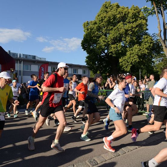 Eine Gruppe von Läufern nimmt an einem Marathon an einem sonnigen Tag teil, mit Zuschauern, die sie anfeuern. Bäume und Gebäude säumen die Strecke.