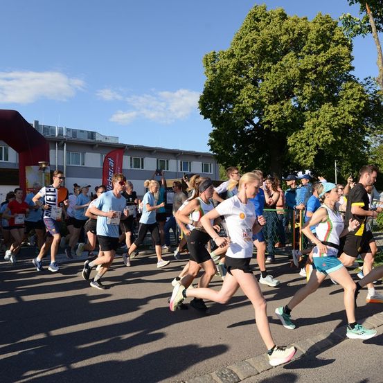 Eine Gruppe von Läufern nimmt an einem Marathon an einem sonnigen Tag teil, während Zuschauer sie anfeuern.