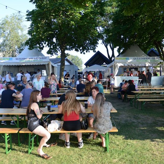 Eine Gruppe von Menschen sitzt an Picknicktischen in einem Freiluftbereich mit Zelten und Bäumen. Einige unterhalten sich und andere essen.