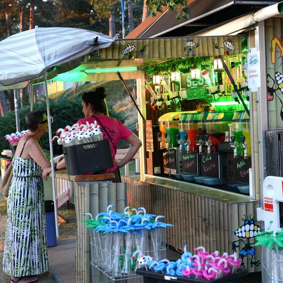 Zwei Frauen stehen an einem tropisch gestalteten Smoothie-Stand, eine hält einen Korb mit Getränken, die andere lehnt sich an die Theke. Der Stand hat farbenfrohe Getränke und ein Bambusdach.