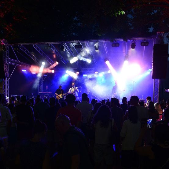 Ein nächtliches Konzert mit einer Band auf der Bühne unter bunten Lichtern, das Publikum genießt die Aufführung.