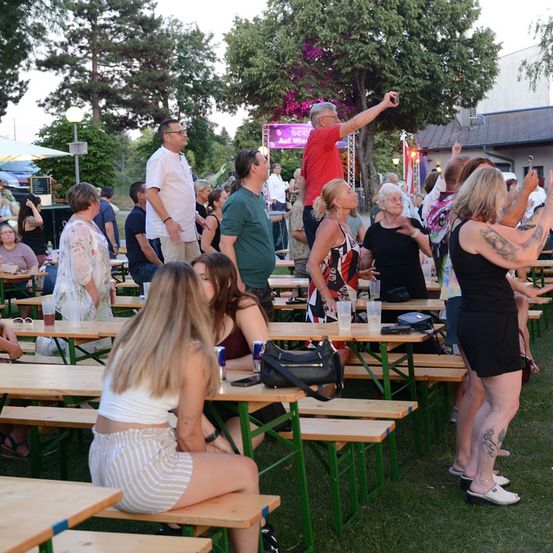 Eine Gruppe von Menschen versammelt sich in einem Biergarten im Freien, einige stehen und andere sitzen an Tischen. Ein Mann in einem roten Shirt steht auf einem Tisch und zeigt auf etwas. Die Tische sind mit Gläsern, Flaschen und anderen Gegenständen bestückt. Bäume und ein Gebäude sind im Hintergrund zu sehen.