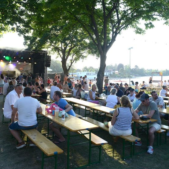 Eine große Menschenmenge sitzt an Picknicktischen unter Bäumen bei einer Outdoor-Veranstaltung. Eine Bühne mit bunten Lichtern ist im Hintergrund.