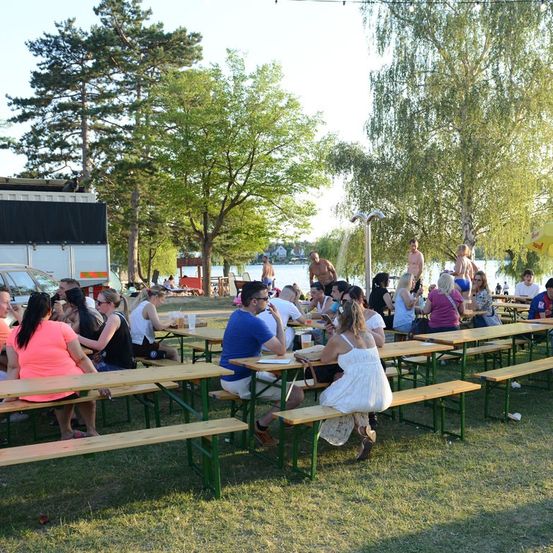 Eine Gruppe von Menschen sitzt an Picknicktischen in einem Park, einige mit Getränken und Essen, unter Bäumen mit einem See im Hintergrund.