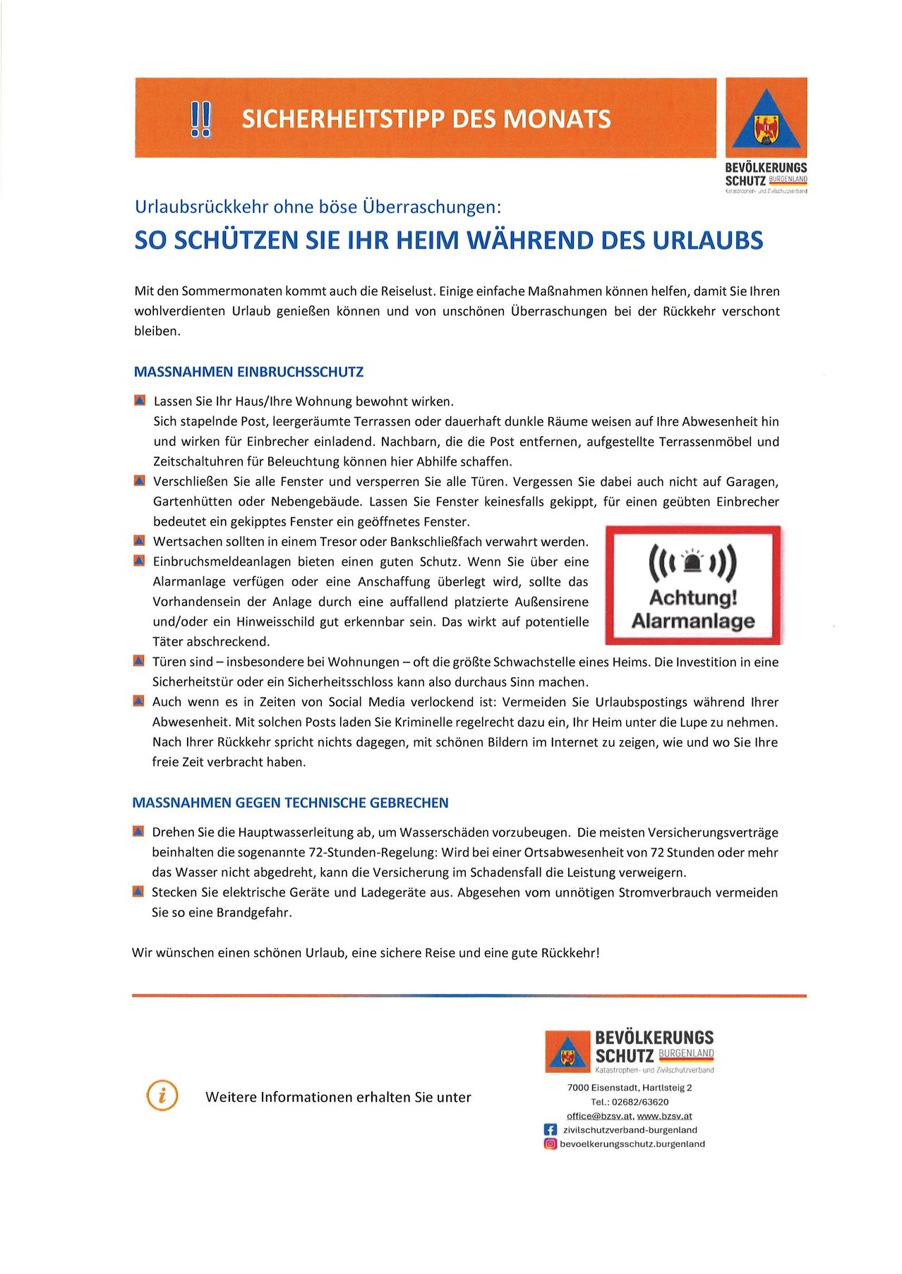 Infografik zum Schutz Ihres Zuhauses während des Urlaubs. Maßnahmen umfassen das Verschließen von Fenstern und Türen, das Entfernen von Wertsachen und das Abstellen der Wasserversorgung. Vermeiden Sie Urlaubspostings in sozialen Medien.