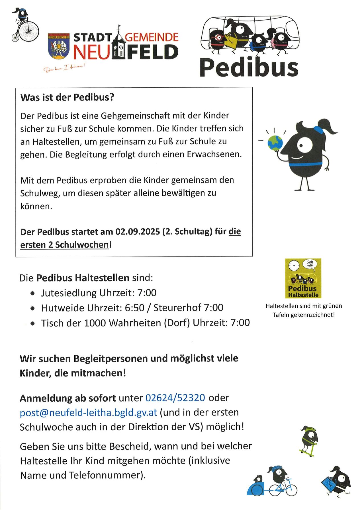 Ein Flyer über den Pedibus, eine Gehgemeinschaft für Kinder zur Schule. Er beginnt am zweiten Schultag, 2. September 2025, für die ersten zwei Schulwochen. Treffpunkte und Zeiten sind aufgeführt.